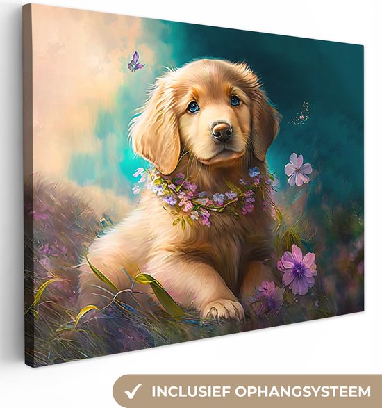 Canvas Schilderij Puppy - Bloemenkrans - Vlinder - Hond - Golden retriever - 80x60 cm - Wanddecoratie