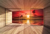 Fotobehang Window Beach Sunset Sun Clouds | XXL - 312cm x 219cm | 130g/m2 Vlies