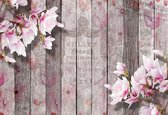 Fotobehang Flowers Wood Planks | XL - 208cm x 146cm | 130g/m2 Vlies