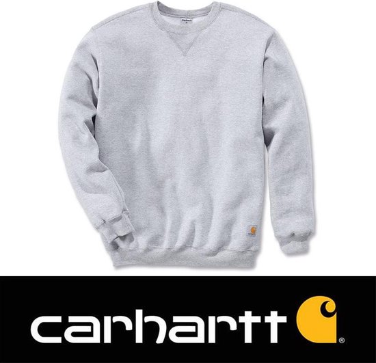 Grijze crewneck sweater van Carhartt met V-detail bij de nek en Carhartt-logo op de heup.