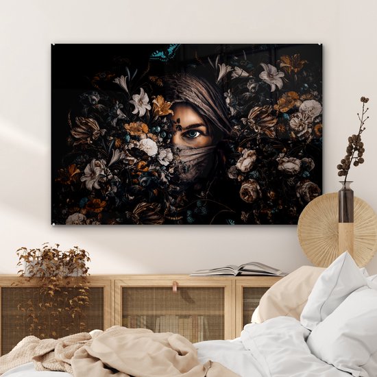 Peinture sur Verre - Femme - Foulard - Fleurs - Papillons - 120x80 cm - Peintures sur Verre Peintures - Photo sur Glas