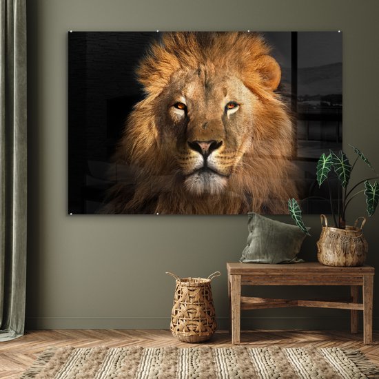 Peinture sur verre - Verre acrylique - Lion - Zwart - Animal - Décoration murale - Peinture sur verre - 150x100 cm - Photo sur verre