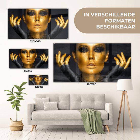 MuchoWow® Peinture sur Verre - Femme - Portrait - Or - Luxe - Zwart - 120x60 cm - Peintures sur Verre Acrylique - Photo sur Glas