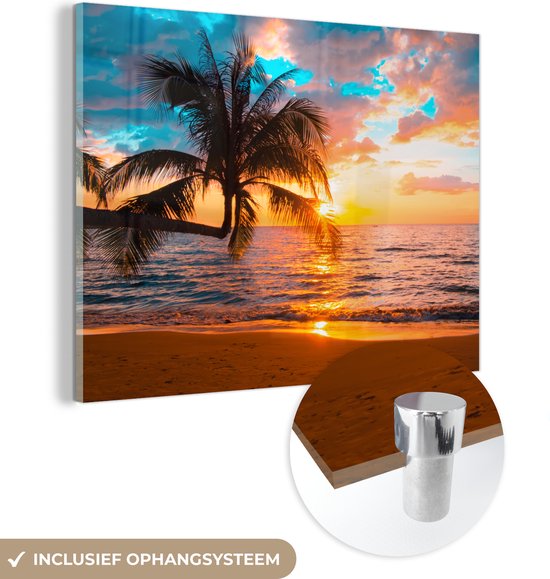 Glasschilderij - Strand - Zee - Palmboom - Acrylglas - Foto op glas - 40x30 cm - Glasschilderij natuur - Schilderij glas - Muurdecoratie glas - Glasschilderij strand - Slaapkamer