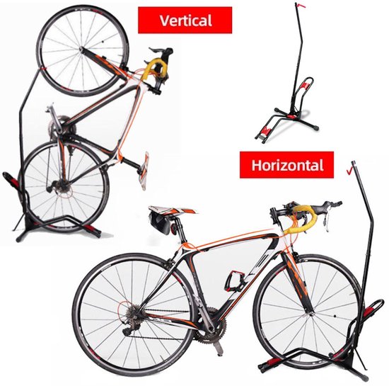 Racefiets verticaal en horizontaal gestald in zwarte standaard.