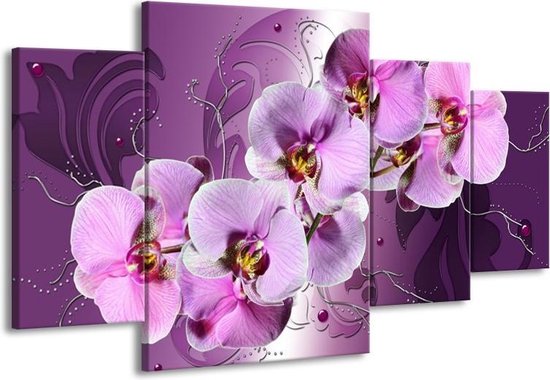 GroepArt - Schilderij -  Orchidee - Paars - 160x90cm 4Luik - Schilderij Op Canvas - Foto Op Canvas