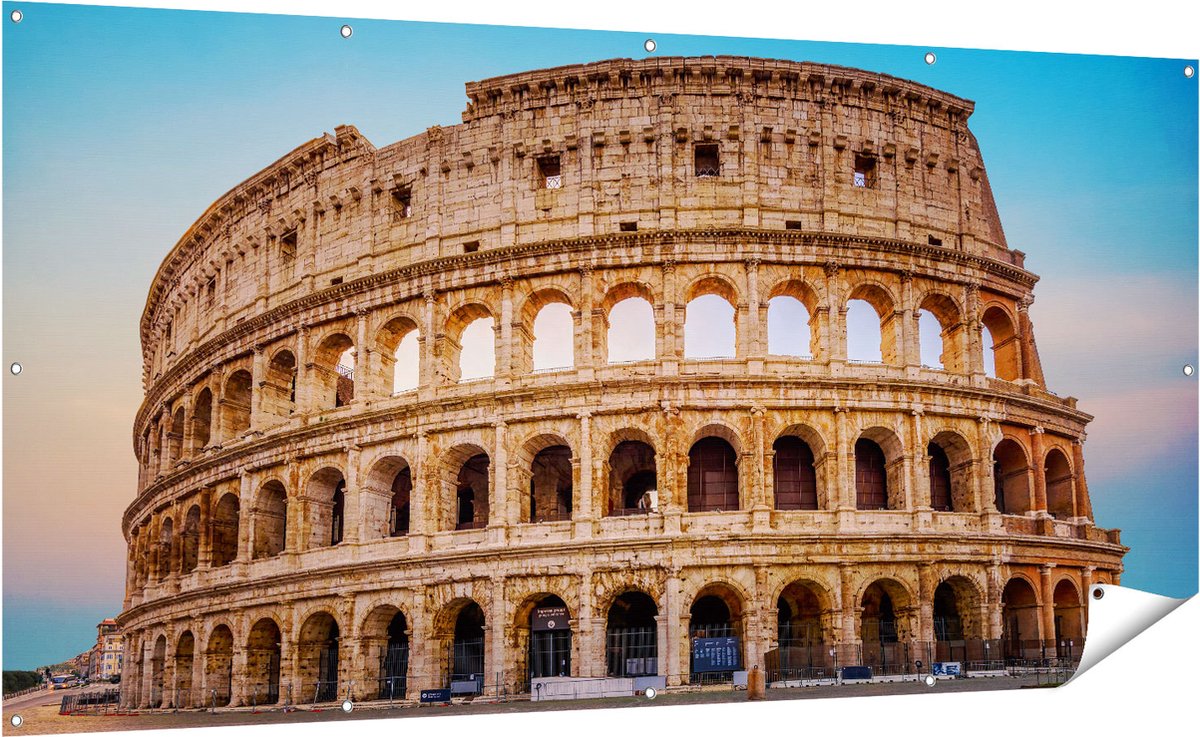 Gards Tuinposter Colosseum in Rome met de Blauwe Lucht - 200x100 cm - Tuindoek - Tuindecoratie - Wanddecoratie buiten - Tuinschilderij Multikleur