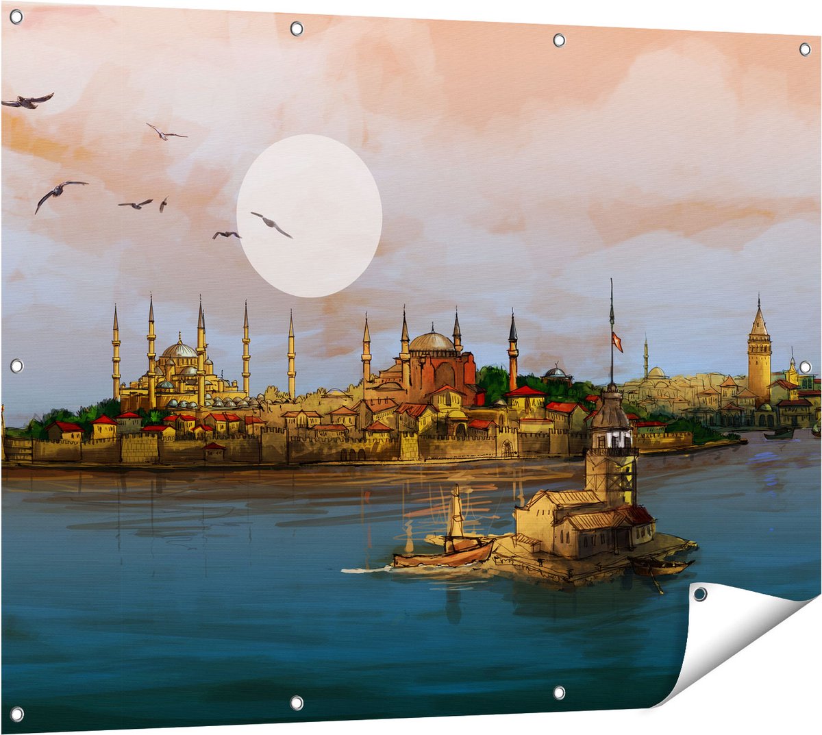Gards Tuinposter Illustratie van de Maiden's Tower in Istanbul - 120x90 cm - Tuindoek - Tuindecoratie - Wanddecoratie buiten - Tuinschilderij Multikleur