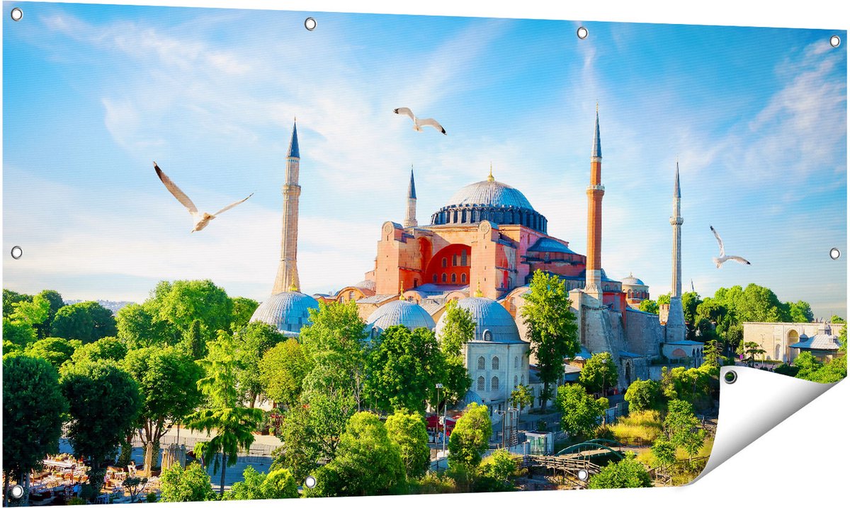 Gards Tuinposter Hagia Sophia Moskee in Istanbul - 140x70 cm - Tuindoek - Tuindecoratie - Wanddecoratie buiten - Tuinschilderij Multikleur