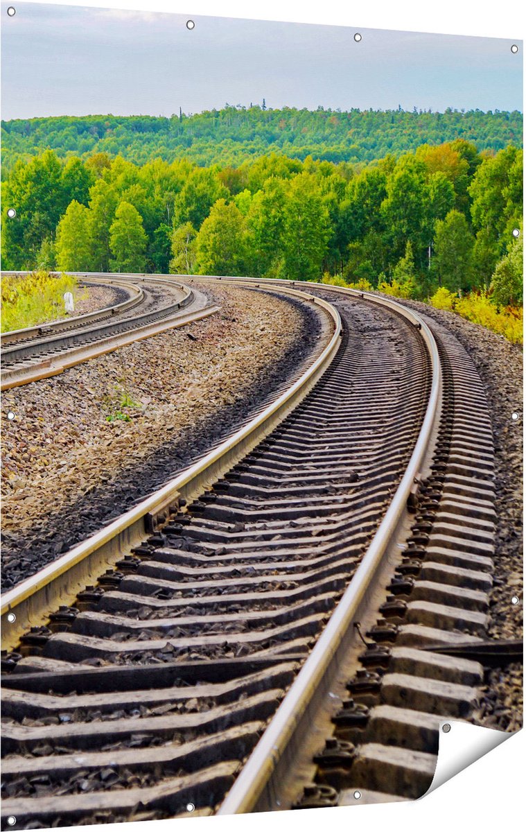 Gards Tuinposter Rails Spoorwegen in een Bocht - 120x160 cm - Tuindoek - Tuindecoratie - Wanddecoratie buiten - Tuinschilderij Multikleur