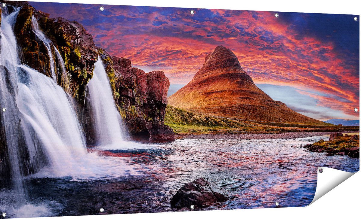 Gards Tuinposter Waterval bij een Berg - 180x90 cm - Tuindoek - Tuindecoratie - Wanddecoratie buiten - Tuinschilderij Multikleur
