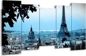 GroepArt - Canvas Schilderij - Parijs, Eiffeltoren - Grijs, Blauw - 150x80cm 5Luik- Groot Collectie Schilderijen Op Canvas En Wanddecoraties