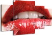 GroepArt - Schilderij -  Vrouw, Lippen - Rood, Crème - 160x90cm 4Luik - Schilderij Op Canvas - Foto Op Canvas