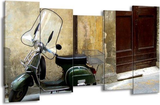 GroepArt - Canvas Schilderij - Motor, Scooter - Bruin, Geel, Groen - 150x80cm 5Luik- Groot Collectie Schilderijen Op Canvas En Wanddecoraties