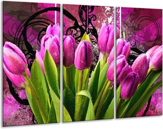 Glasschilderij Tulpen - Paars, Groen, Roze - 120x80cm 3Luik - Foto Op Glas - Geen Acrylglas Schilderij - GroepArt 6000+ Glas Art Collectie - Maatwerk Mogelijk