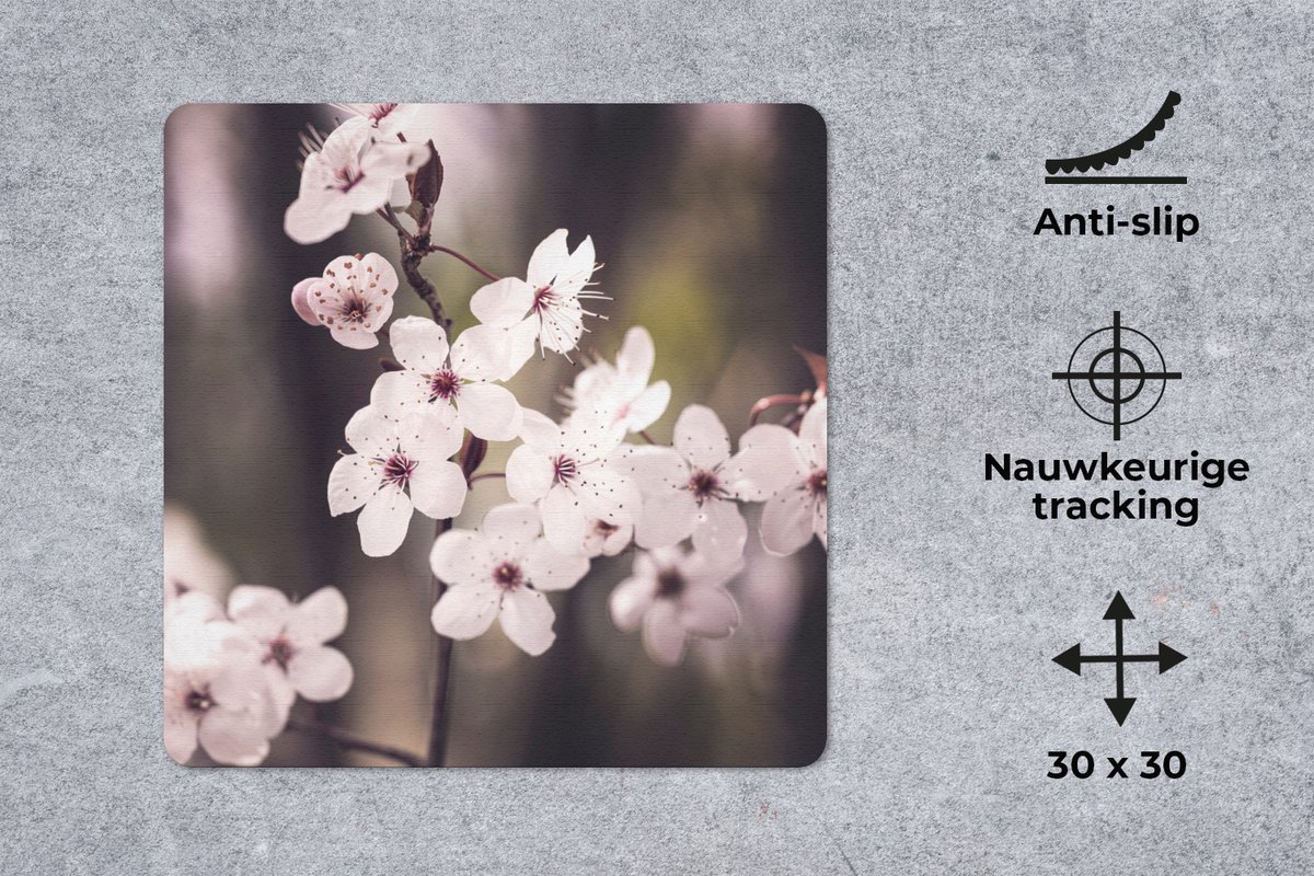 Muismat 30x30 cm - Mousepad Bloemen - Wit - Natuur - Plant - Bloesem - Muismatten