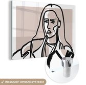 MuchoWow® Glasschilderij 90x60 cm - Schilderij acrylglas - Portret - Vrouw - Line art - Pastel - Foto op glas - Schilderijen