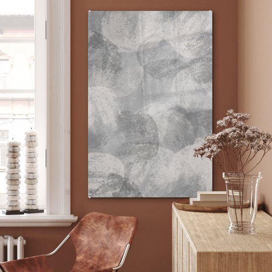 MuchoWow® Glasschilderij 60x90 cm - Schilderij acrylglas - Abstract - Verf - Grijs - Schilderij - Foto op glas - Muurdecoratie woonkamer - Wanddecoratie slaapkamer - Schilderijen