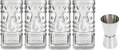 4x Cocktailglazen / Mai Tai glazen transparant 490 ml - Met RVS maatbeker / barmaatje 2-in-1 15/30 ml