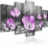 Schilderij - Bloemen op hout ,  lila , grijs , hout look , 5 luik
