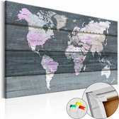Afbeelding op kurk - De wereld op Planken, Wereldkaart, Grijs, Hout Look op Doek,  1luik
