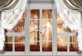 Fotobehang - Vlies Behang - 3D Uitzicht op het Zonnige Herfstbos vanuit het Raam - 368 x 254 cm