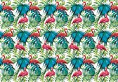 Fotobehang - Vlies Behang - Flamingo's en Jungle Bladeren - 416 x 254 cm