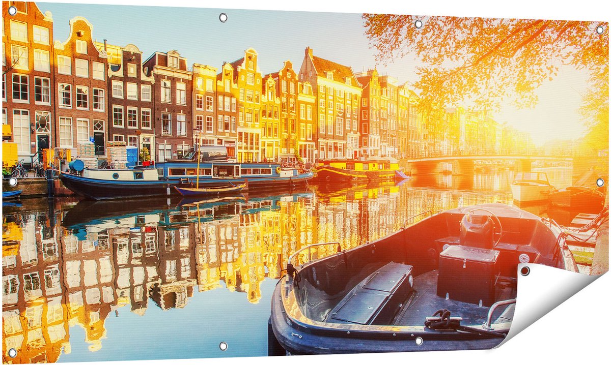 Gards Tuinposter Amsterdamse Brug - Gracht - met Bloemen - 140x70 cm - Tuindoek - Tuindecoratie - Wanddecoratie buiten - Tuinschilderij Multikleur