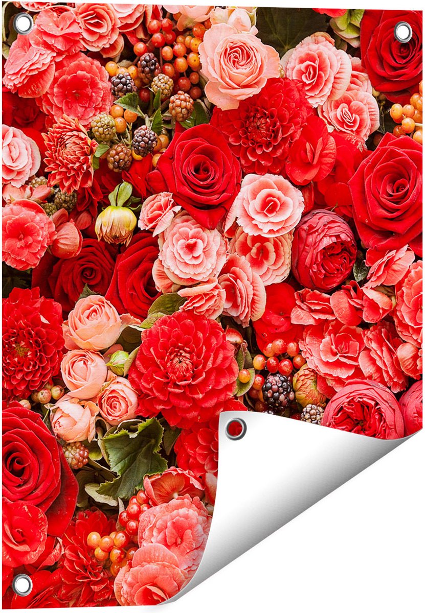 Gards Tuinposter Rode en Roze Bloemen met Fruit - Abstract - 40x50 cm - Tuindoek - Tuindecoratie - Wanddecoratie buiten - Tuinschilderij Multikleur