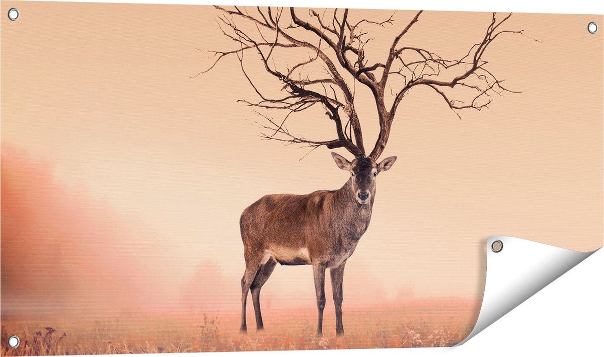 Gards Tuinposter Hert met een Bomen Gewei - 100x50 cm - Tuindoek - Tuindecoratie - Wanddecoratie buiten - Tuinschilderij Multikleur