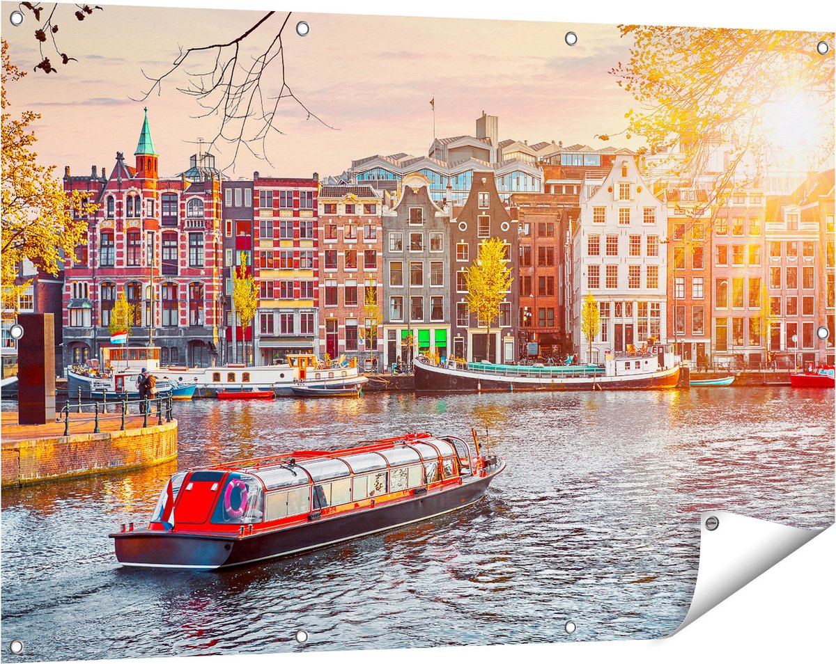 Gards Tuinposter Amsterdamse Huisjes vanaf de Grachten - 120x80 cm - Tuindoek - Tuindecoratie - Wanddecoratie buiten - Tuinschilderij Multikleur
