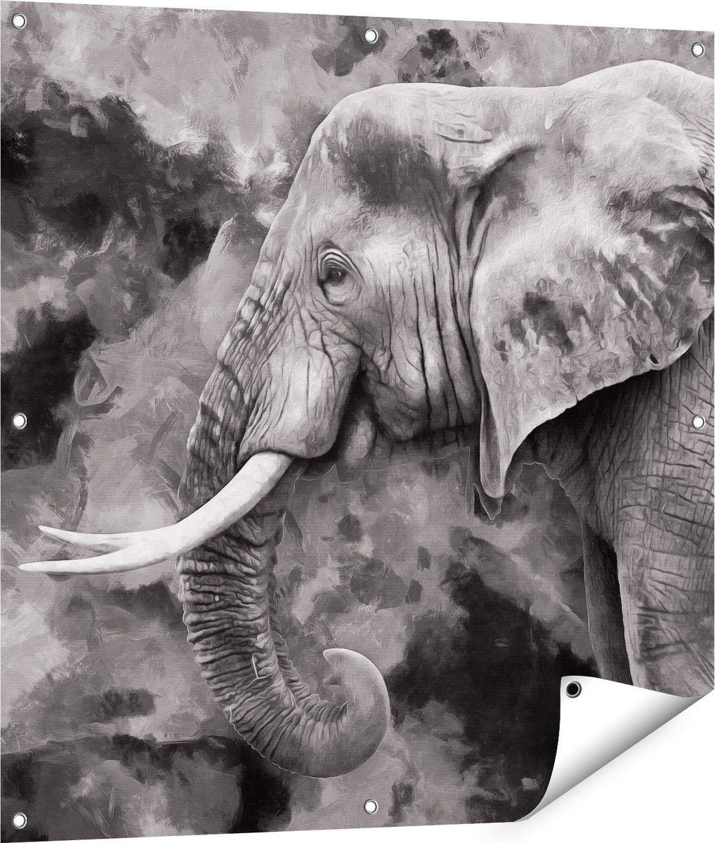 Gards Tuinposter Olifant - Abstract - Zwart Wit - 90x90 cm - Tuindoek - Tuindecoratie - Wanddecoratie buiten - Tuinschilderij Multikleur