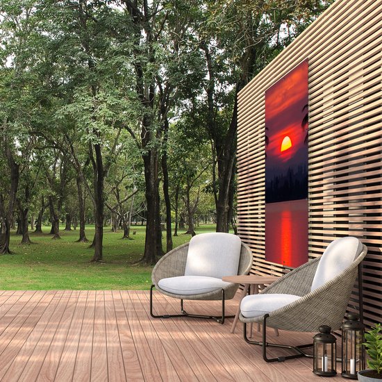 Gars Affiche de jardin Coucher de soleil sur la plage avec Palmiers - 100x150 cm - Toile jardin - Décoration de jardin - Décoration murale extérieur - Tableau jardin