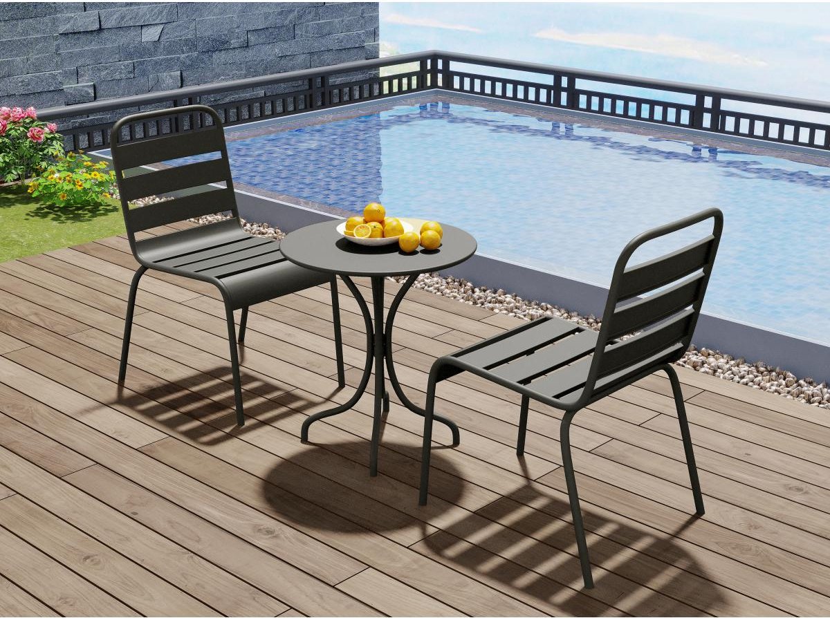 MYLIA Tuineethoek van metaal - Een tafel D60 cm en 2 opstapelbare stoelen - Donkergrijs - MIRMANDE L 60 cm x H 79 cm x D 60 cm