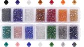 Handi Stitch 4 mm Glazen Dubbelkegel Kralen met Opbergdoos (1400 Stuks) - 14 Verschillende AB-Kleuren - Facet Acrylkristalkralen voor Doe-het-zelf, Borduurwerk, Armbanden & Kettingen Sieraden Maken