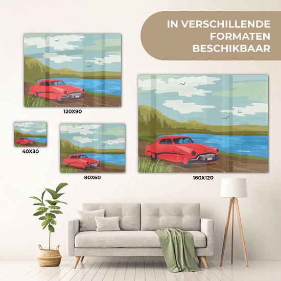 MuchoWow® Peinture sur verre 160x120 cm - Peinture sur verre acrylique - Voiture rouge Vintage - Photo sur verre - Peintures