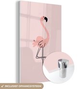 MuchoWow® Glasschilderij 80x120 cm - Schilderij acrylglas - Flamingo - Roze - Illustratie - Handgemaakt - Kinderen - Meisje - Foto op glas - Schilderijen