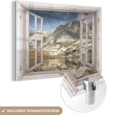 MuchoWow® Glasschilderij 120x80 cm - Schilderij acrylglas - Doorkijk - Water - Bergen - Foto op glas - Schilderijen