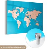 MuchoWow® Glasschilderij 60x40 cm - Schilderij acrylglas - Wereldkaart - Hout - Blauw - Foto op glas - Schilderijen