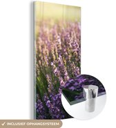 MuchoWow® Glasschilderij 40x80 cm - Schilderij acrylglas - Lavendel in een veld - Foto op glas - Schilderijen