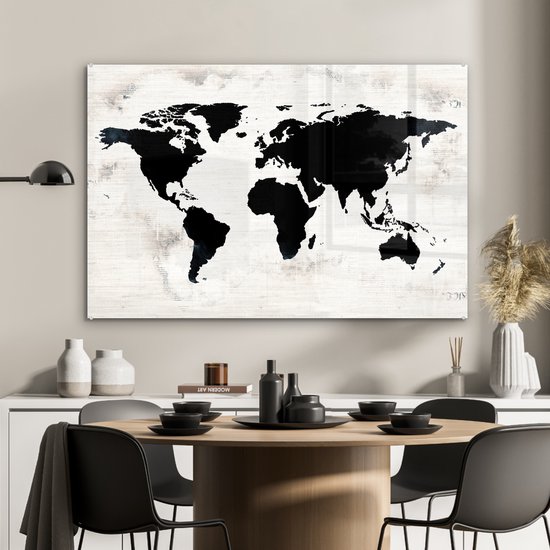 Peinture sur Verre - Carte du Wereldkaart - Zwart - Bois - 120x80 cm - Peintures sur Verre Peintures - Photo sur Glas