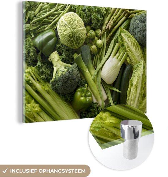 MuchoWow® Peinture sur verre 80x60 cm - Peinture sur verre acrylique - Légumes verts frais en un seul endroit - Photo sur verre - Peintures