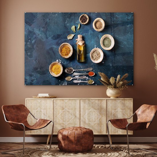 MuchoWow® Peinture sur verre 180x120 cm - Peinture sur verre acrylique - Huile - Épices - Louches - Herbes - Cuisine - Photo sur verre - Peintures
