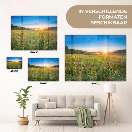 MuchoWow® Peinture sur verre 160x120 cm - Peinture sur verre acrylique - Soleil - Herbe - Fleurs - Photo sur verre - Peintures