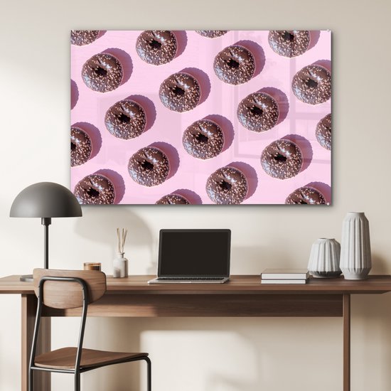 MuchoWow® Peinture sur verre 120x80 cm - Peinture sur verre acrylique - Beignets au chocolat sur fond rose - Photo sur verre - Peintures