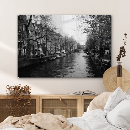 Peinture sur Verre - Canal d'Amsterdam - Zwart - Wit - 120x80 cm - Peintures sur Verre Peintures - Photo sur Glas