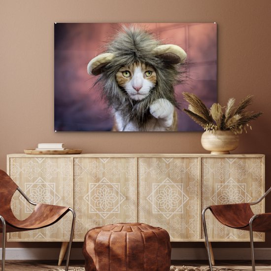 MuchoWow® Peinture sur Verre - Chat - Costume - Lion - 120x80 cm - Peintures sur Verre Acrylique - Photo sur Glas