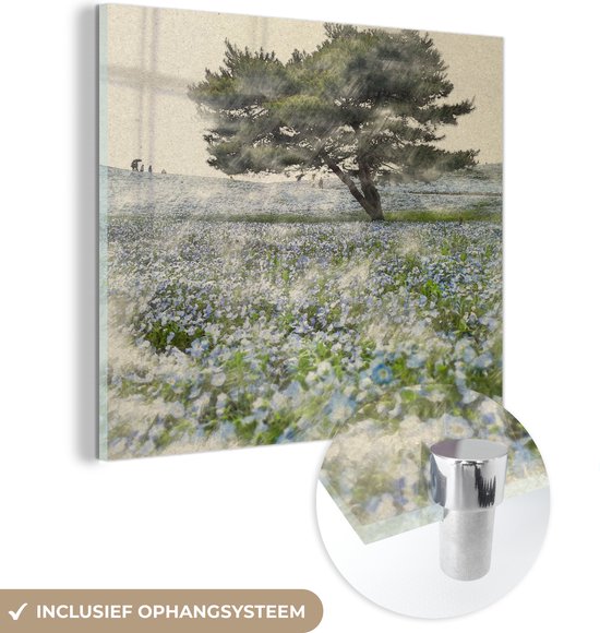 MuchoWow® Glasschilderij 50x50 cm - Schilderij acrylglas - Geschilderde bloemen op een veld - Foto op glas - Schilderijen