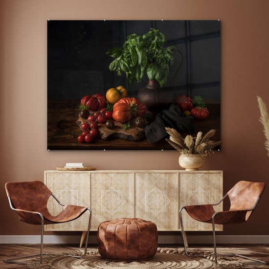 MuchoWow® Peinture sur verre 160x120 cm - Peinture sur verre acrylique - Nature morte - Tomates - Basilic - Tableau - Végétal - Zwart - Photo sur verre - Peintures