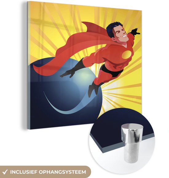 MuchoWow® Glasschilderij 20x20 cm - Schilderij acrylglas - Een illustratie van een superheld die boven de wereld vliegt - Jongens - Jongetje - Kinderen - Kind - Foto op glas - Schilderijen